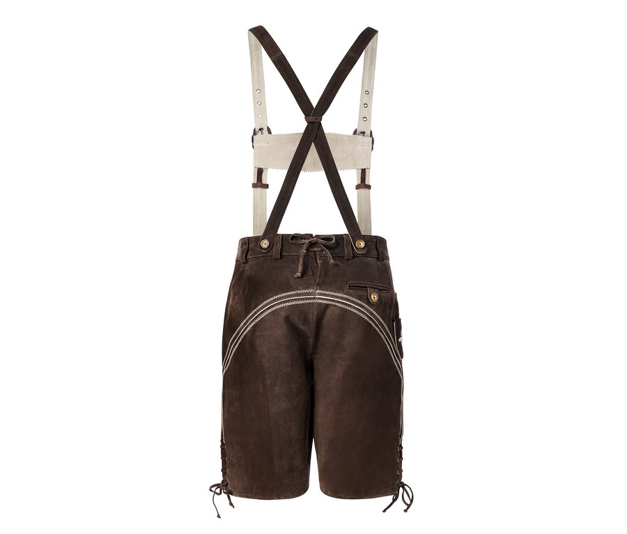 Kožené kalhoty ke kroji s laclem a zdobnými výšivkami.