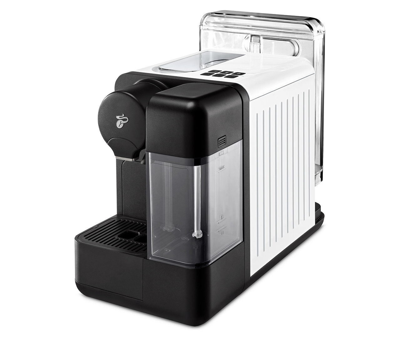 Černobílý kávovar Cafissimo milk, bílý, zepředu.