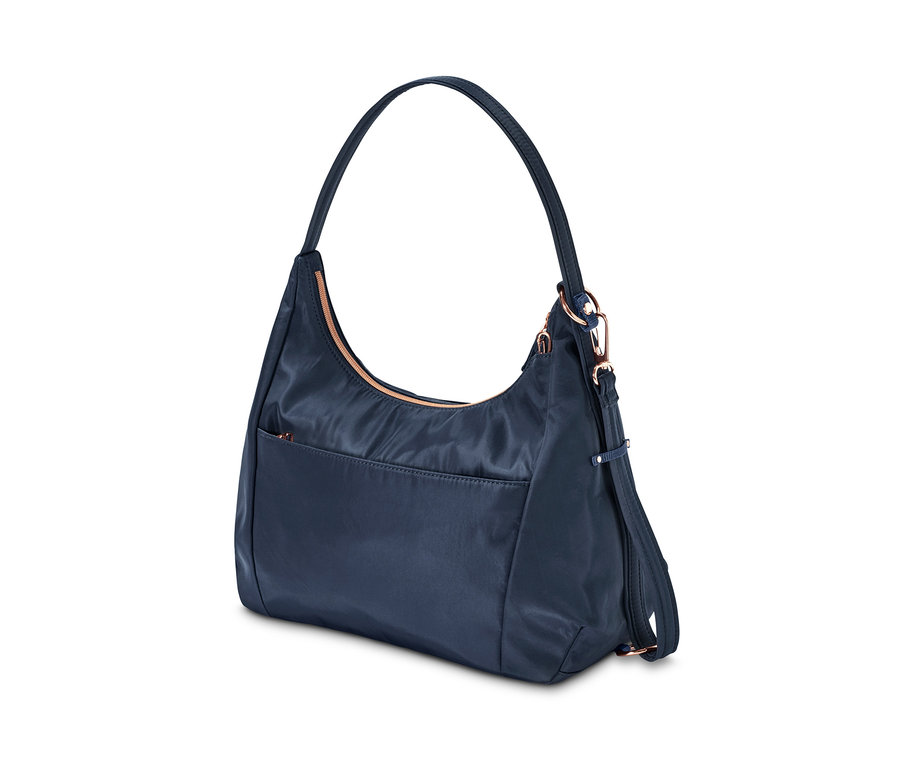 Tmavě modrá bezpečnostní taška přes rameno.