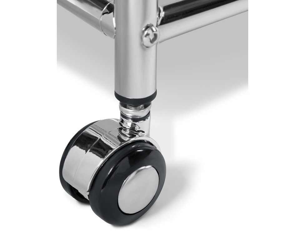 Detail kolečka kovového odkládacího stolku CN3 se zásuvkou, bílý.