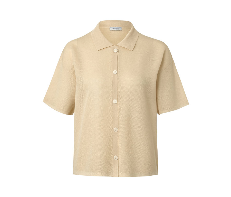 Béžový kardigan s límcem a krátkými rukávy.