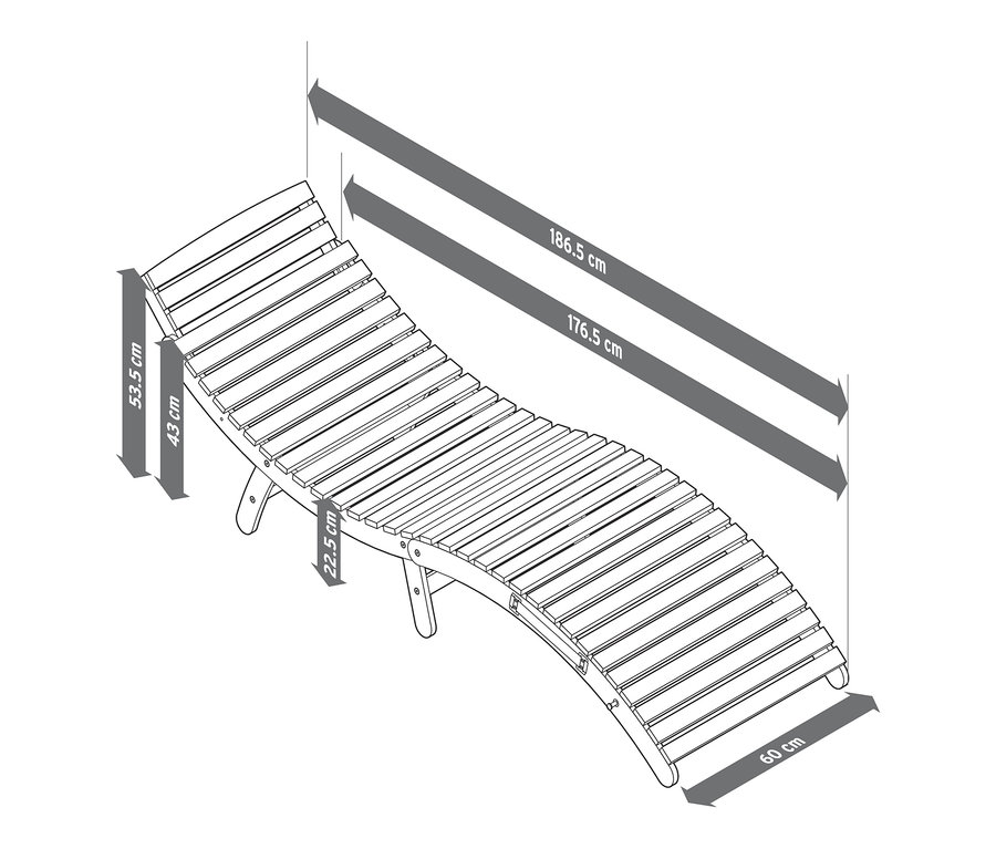 Ilustrace skládacího lehátka »Lenja« s rozměry.