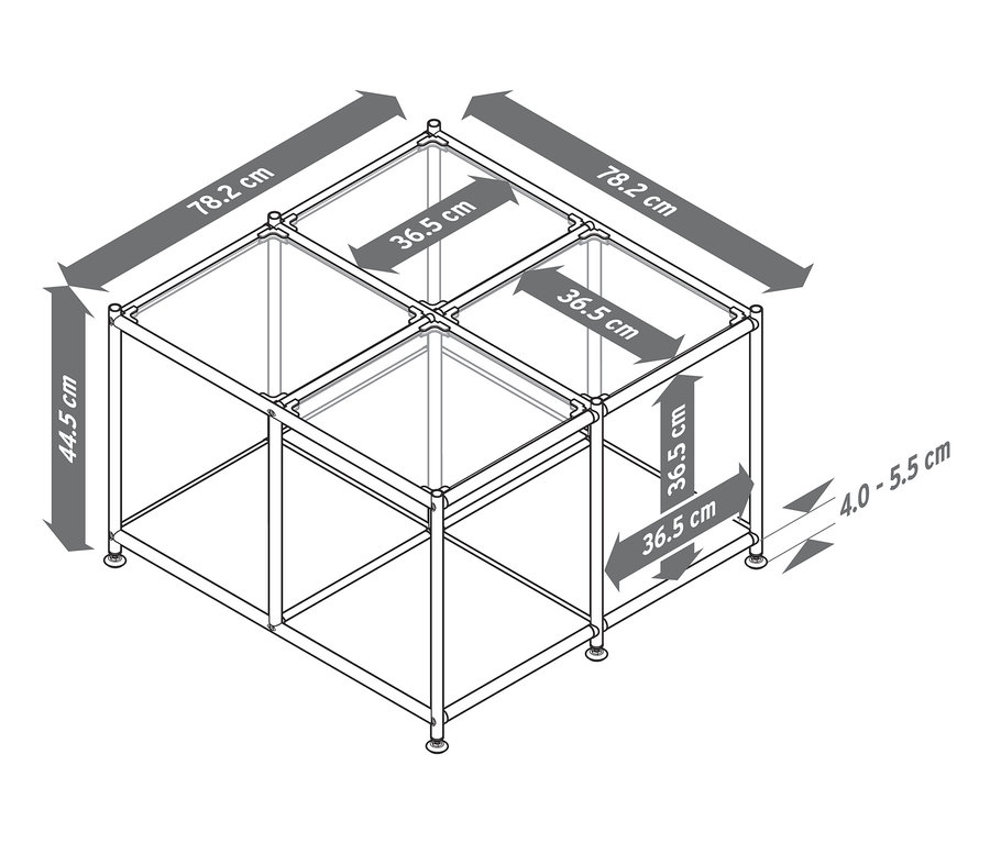 Rozměry kovového konferenčního stolku CN3 se 4 skleněnými deskami: 78,2 x 78,2 x 44,5 cm.