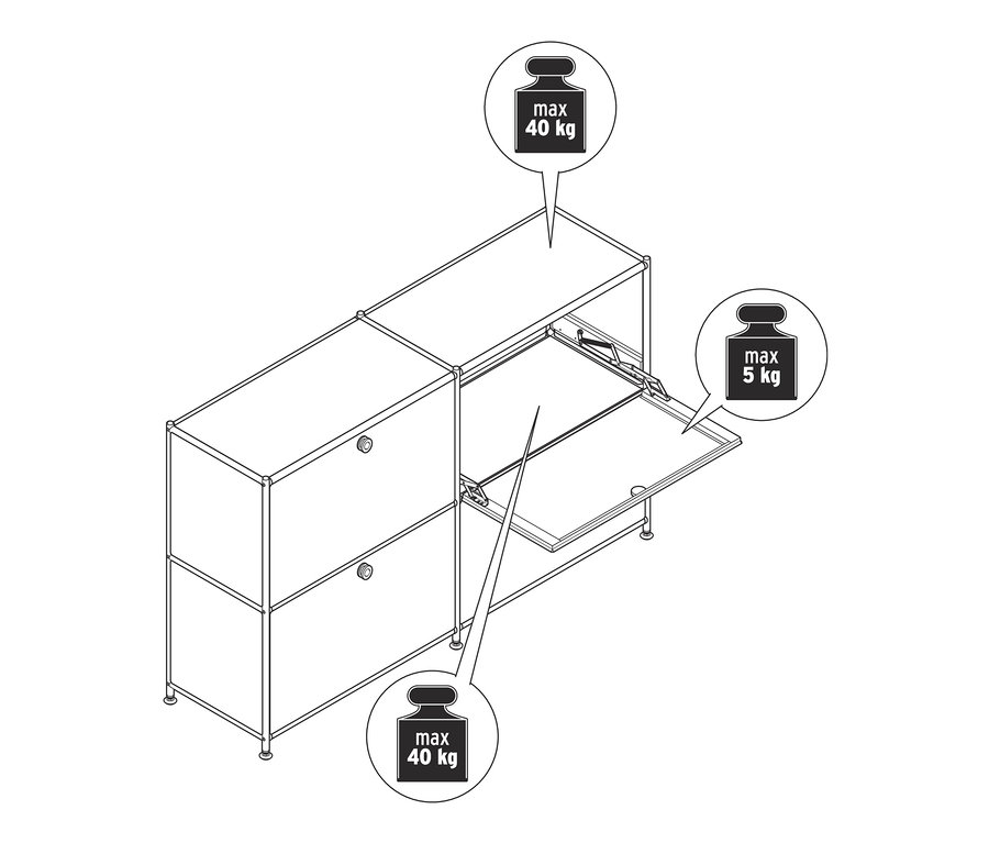 Nákres odkládací skříňky »CN3« se 4 výklopnými dvířky. Dvoje dvířka jsou zavřená a dvoje otevřená. Maximální nosnost horní a spodní desky je 40 kg a výklopných dvířek 5 kg.