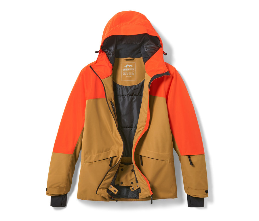 Oranžovo-hnědá lyžařská bunda.
