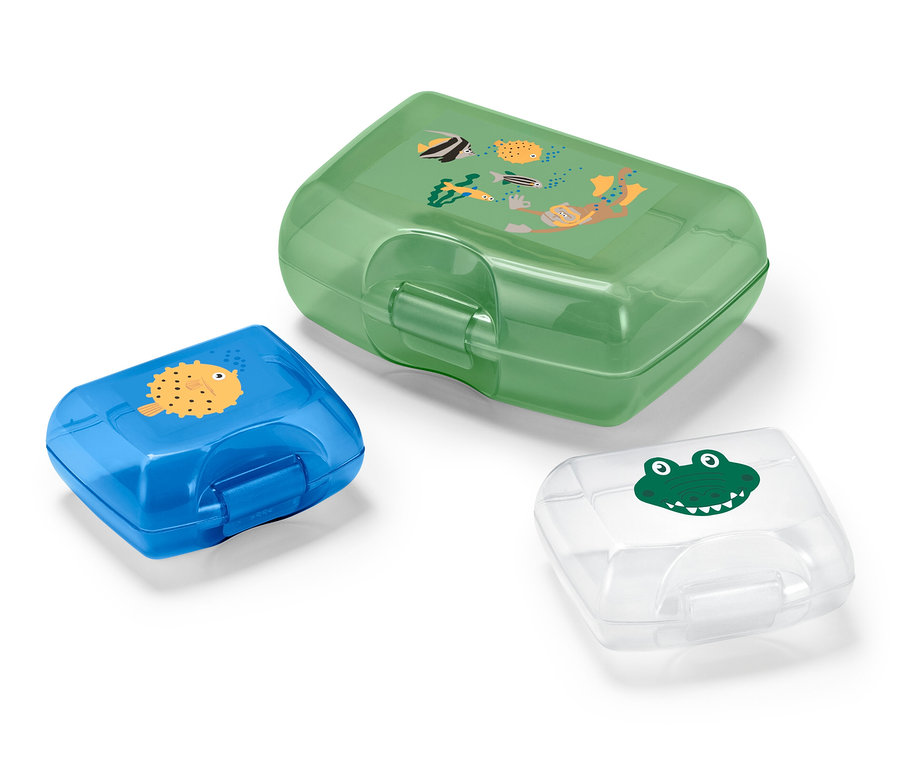 Sada tří dóz na svačinu: zelená s potápěčem, modrá s rybou a průhledná s krokodýlem.