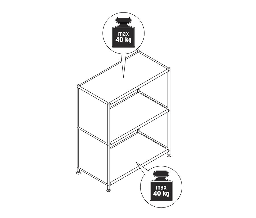 Nákres kovového regálu »CN3« se 2 policemi.