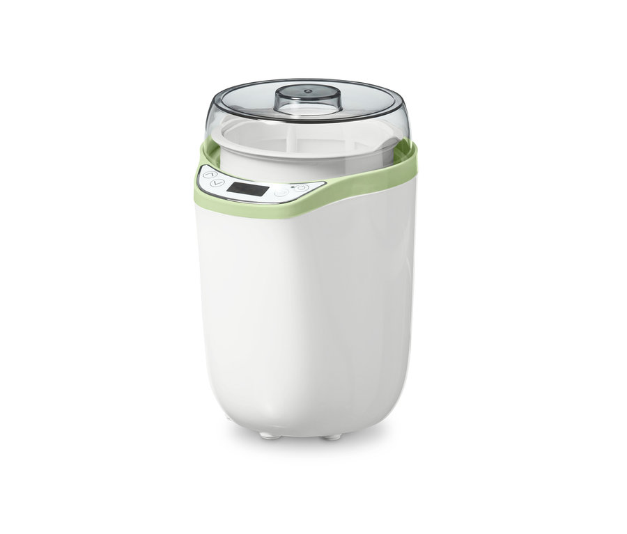 Výrobník jogurtů a čerstvých sýrů bílé barvy s digitálním displejem.