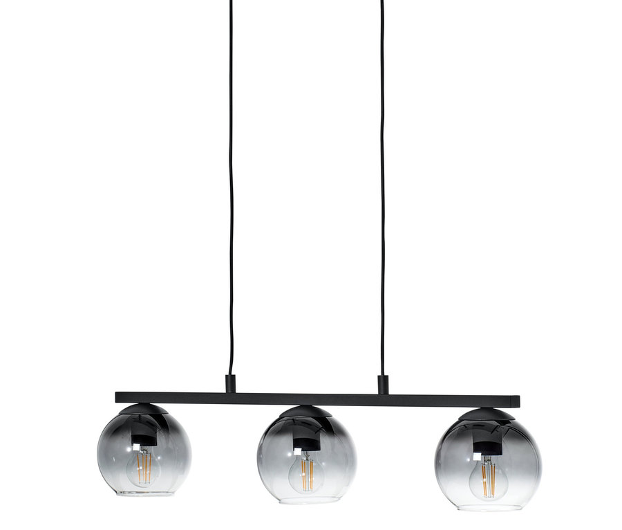 Černé závěsné svítidlo se třemi stínítky z kouřového skla.