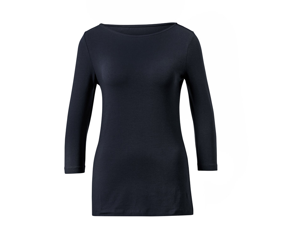 Tmavě modré tričko s tříčtvrtečními rukávy na bílém pozadí.