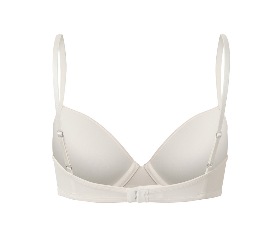 Detail bílé podprsenky s vyztuženými košíčky, 2 ks, zezadu, ukazující nastavitelné ramínka a zapínání.