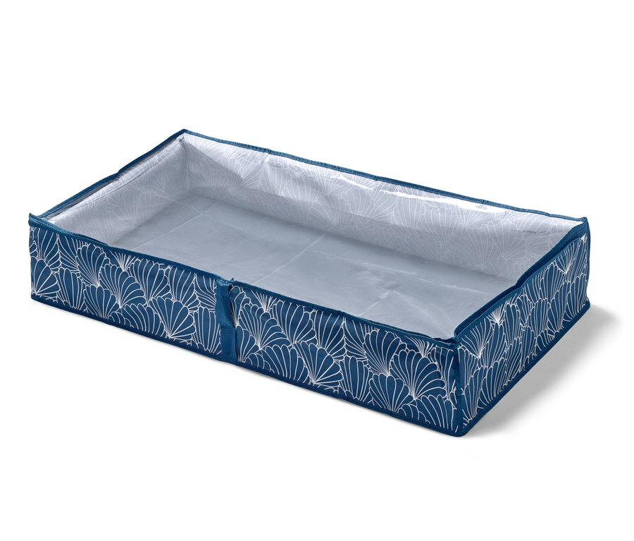 Modrá komoda pod postel s bílým vzorem.