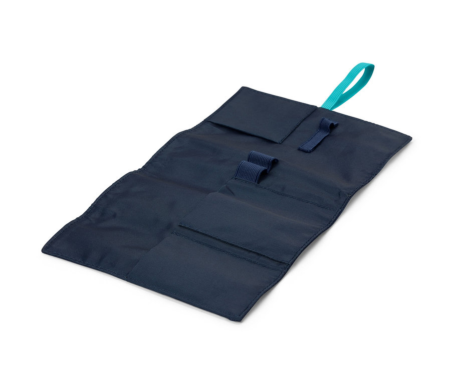 Otevřený cestovní organizér na kabely tmavě modré barvy s azurovým poutkem.