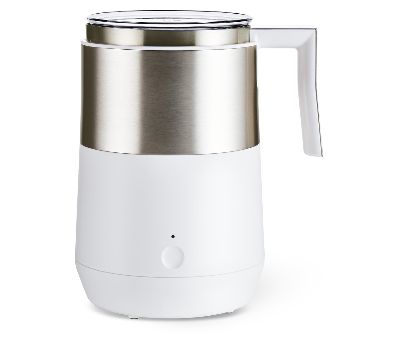Krémově bílý indukční napěňovač mléka s nerezovou ocelovou horní částí a bílou rukojetí.