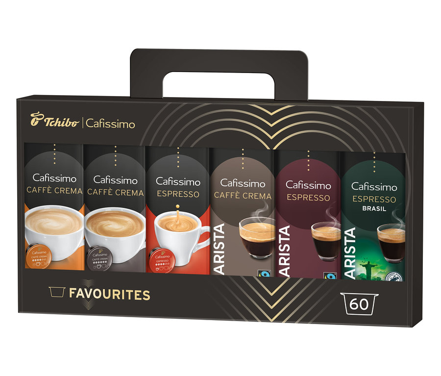 Balení Cafissimo Favourites Collection s různými druhy kávových kapslí.