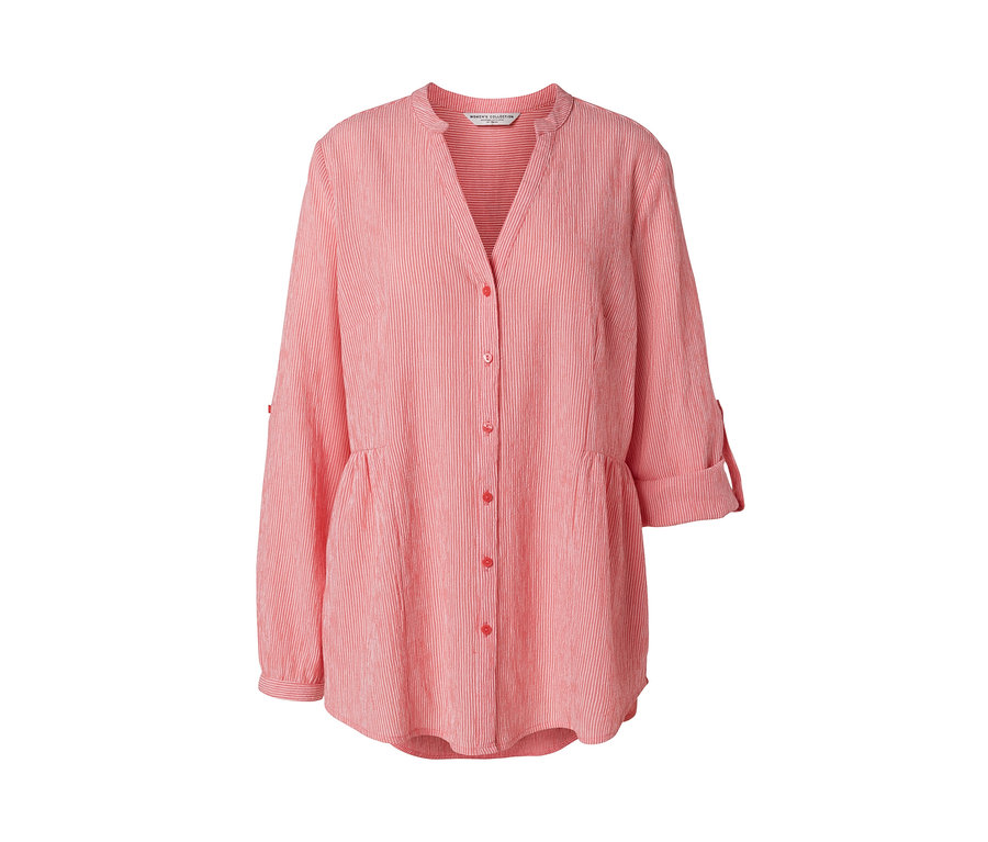 Korálová tunika s proužky s knoflíky a rolovacími rukávy.