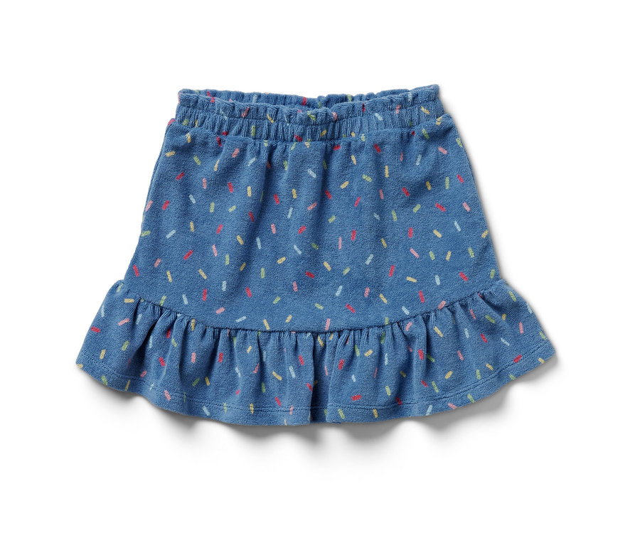 Modrá froté sukýnka s barevným potiskem.