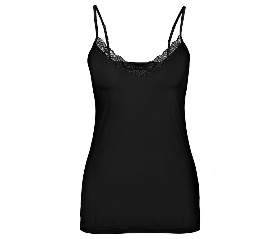 Černé tielko Košilka s krajkou na bílém pozadí.