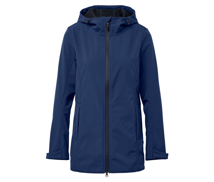 Modrá softshellová bunda s kapucí a zipem uprostřed.
