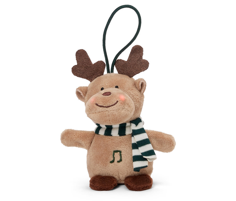 Plyšový hnědý sob s šálou a poutkem.