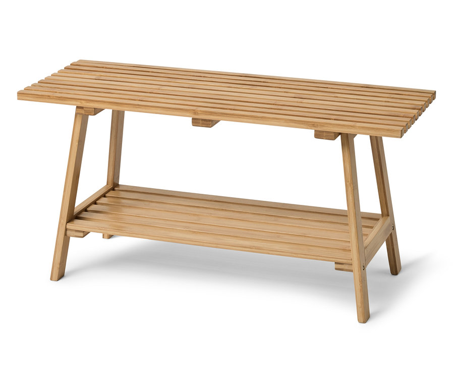 Bambusová lavice s lamelovým sedákem a spodní policí.