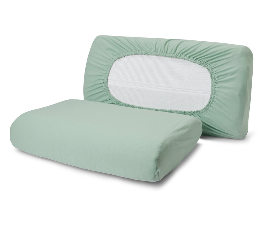 Dva zelené žerzejové povlaky na šíjový polštářek.