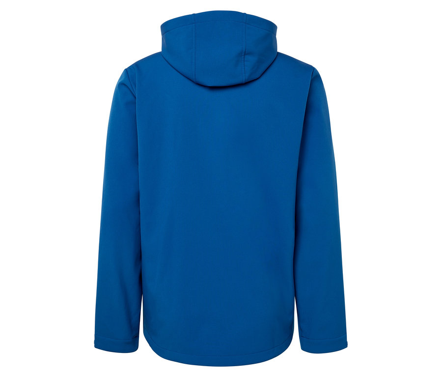 Zadní pohled na modrou bundu s kapucí.