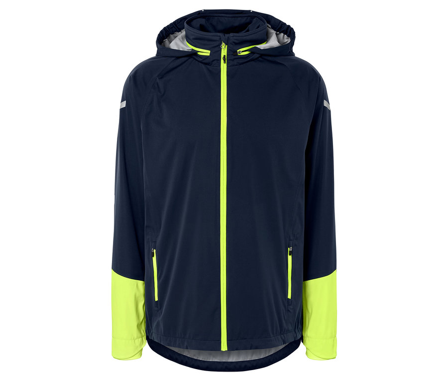 Tmavě modrá bunda se žlutými detaily a kapucí.
