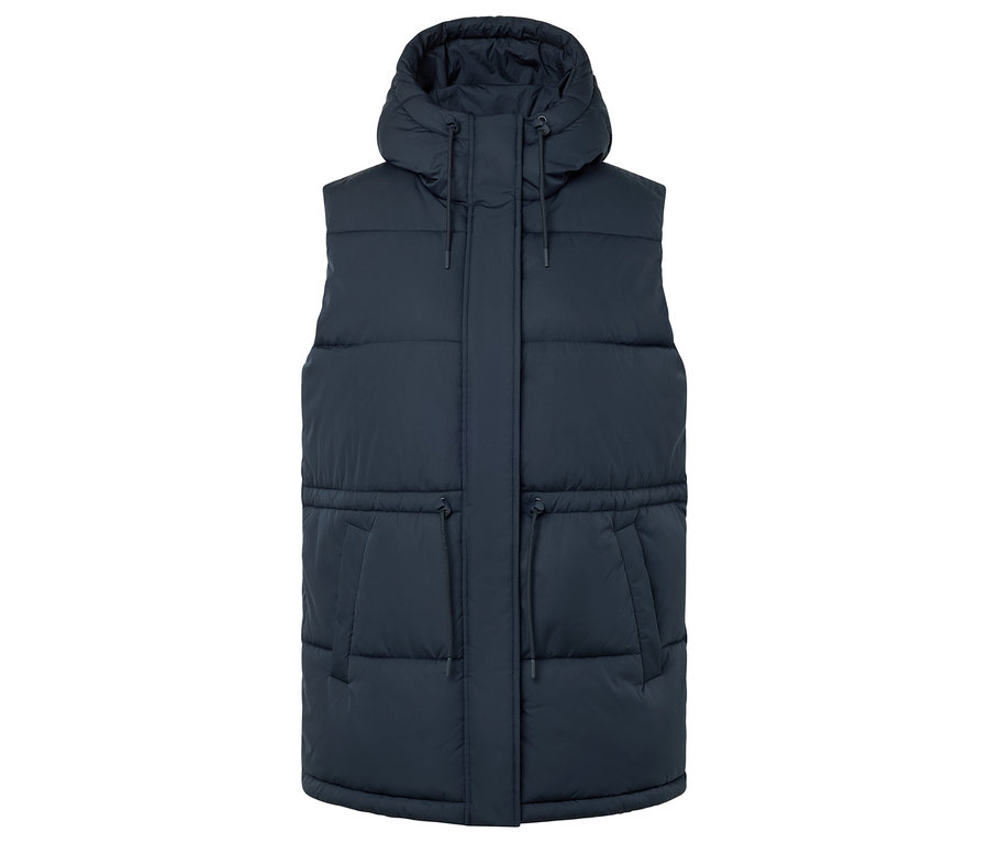 Tmavě modrá prošívaná vesta s kapucí.