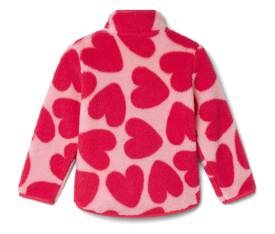 Růžová mikina se vzorem červených srdíček.