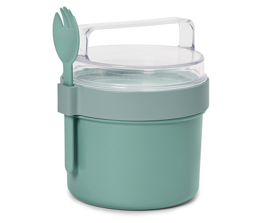 Zelená nádoba na jídlo s vidličkou připevněnou k boku.