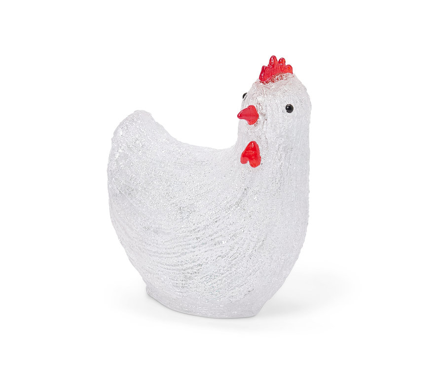 Detail fotografie solární LED slepice pro venkovní použití, bílé barvy s červeným hřebínkem.