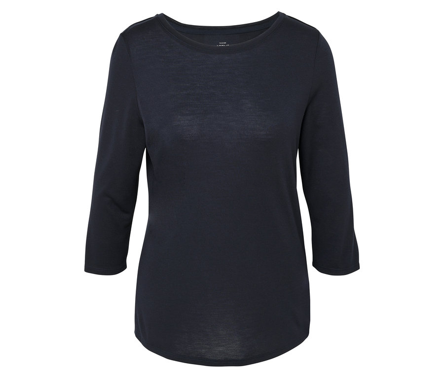 Tmavě modré tričko s tříčtvrtečními rukávy na bílém pozadí.
