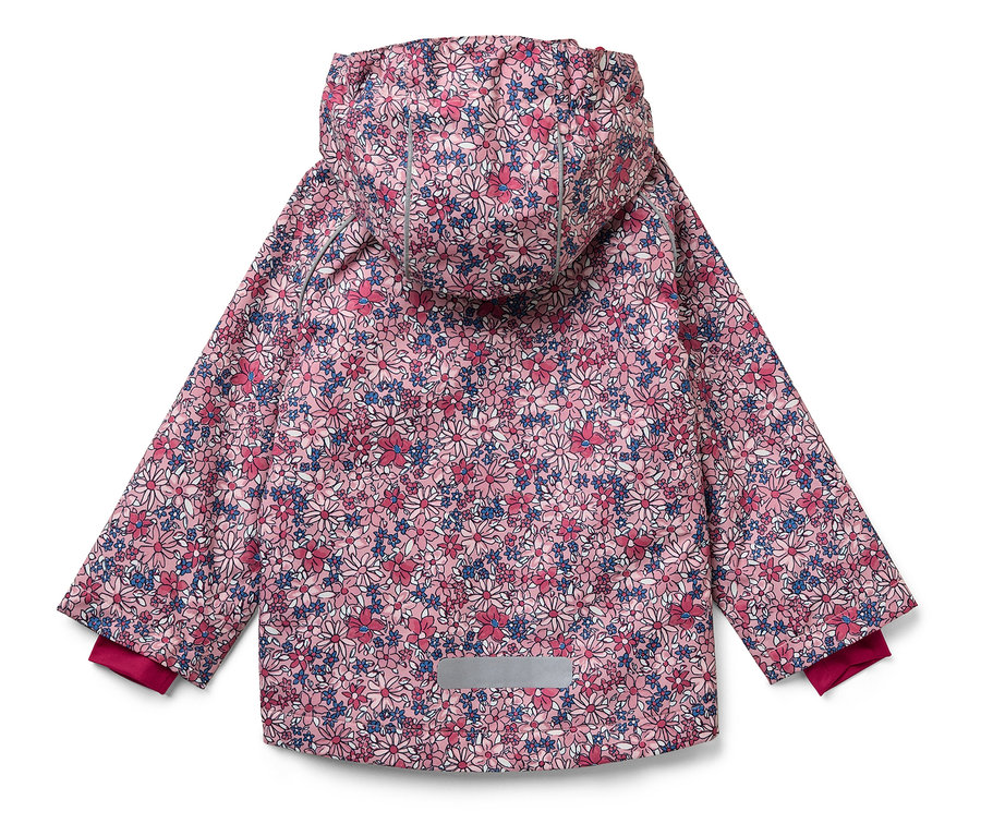 Růžová bunda s květinovým vzorem s kapucí, pohled zezadu.
