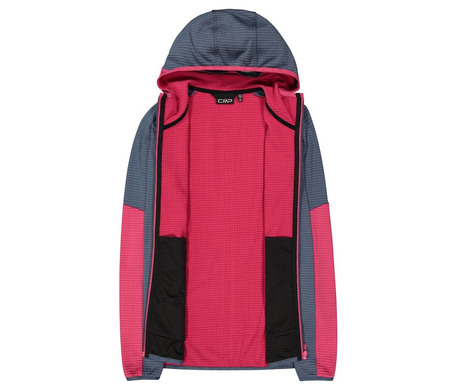 Rozepnutá mikina s kapucí v šedé a růžové barvě s černými kapsami.