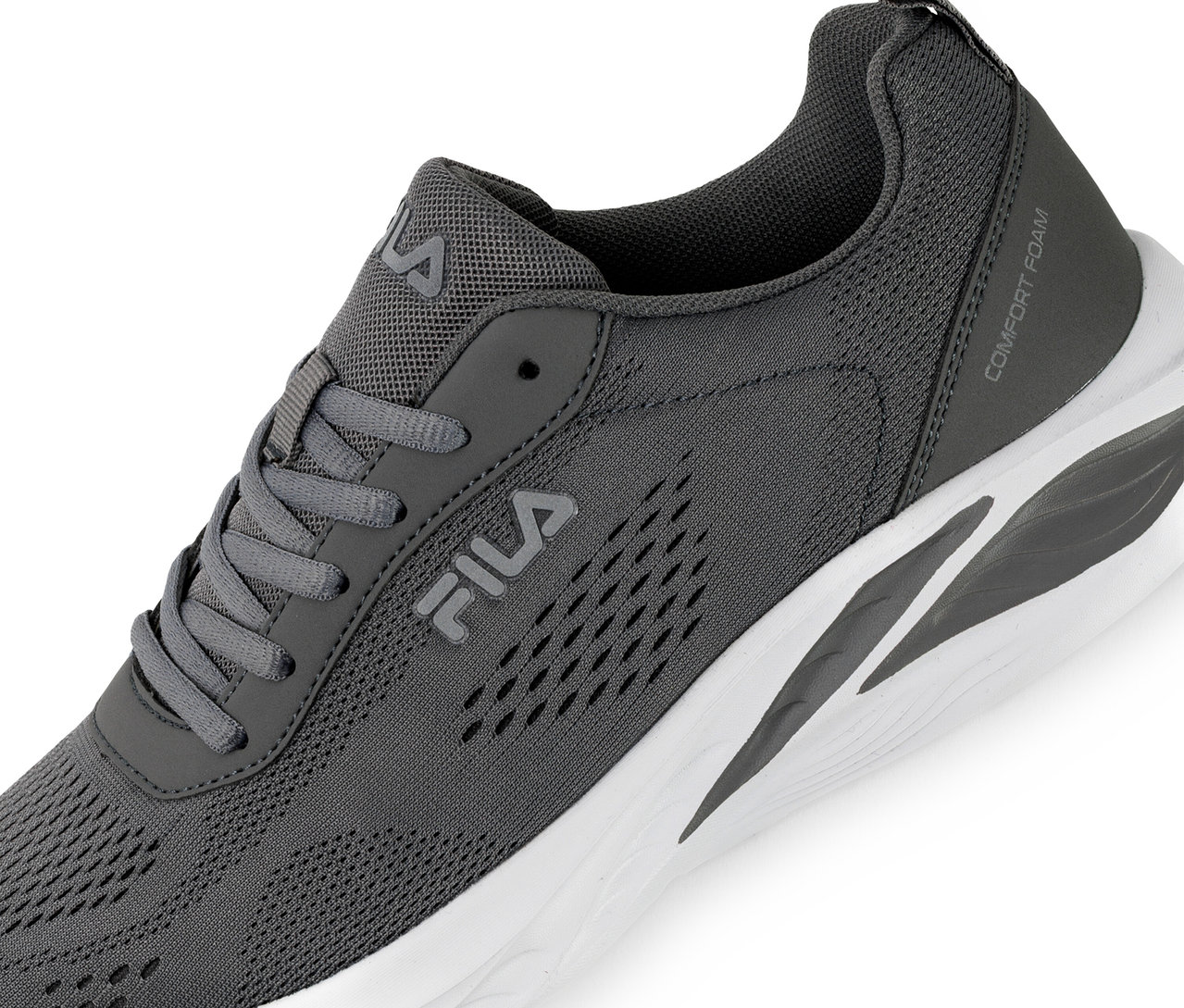 Detailní záběr na pánské tenisky FILA Specctris v barvě castlerock s bílou podrážkou.