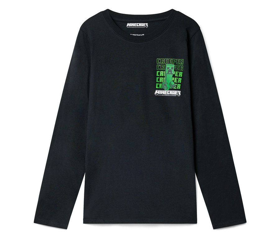 Černé tričko s dlouhým rukávem s motivem Minecraft Creeper na hrudi.