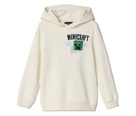 Krémová mikina s kapucí s logem Minecraft a zeleným obličejem Creepera na hrudi.