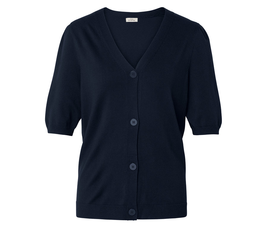Tmavě modrý, krátký rukáv, kardigan s výstřihem do V a pěti knoflíky.