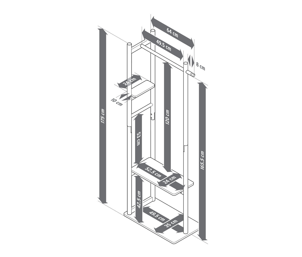 Detailní schematický nákres věšáku na šaty s odkládací plochou, s uvedenými rozměry.
