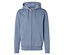 Světle modrá mikina s kapucí, zipem a klokaní kapsou.