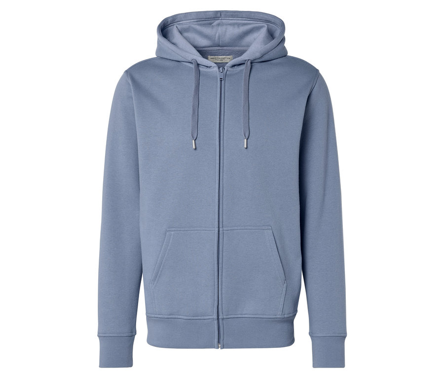 Světle modrá mikina s kapucí, zipem a klokaní kapsou.