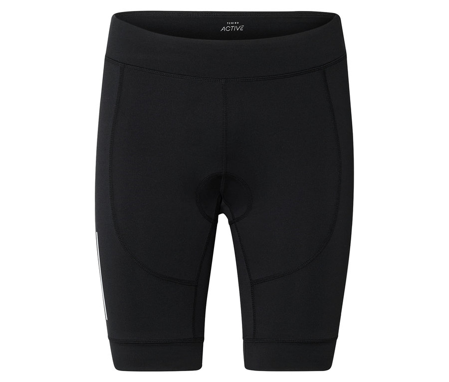 Černé cyklistické kraťasy ke kolenům, mírně polstrované uprostřed vpředu, s reflexním pruhem na levé noze.