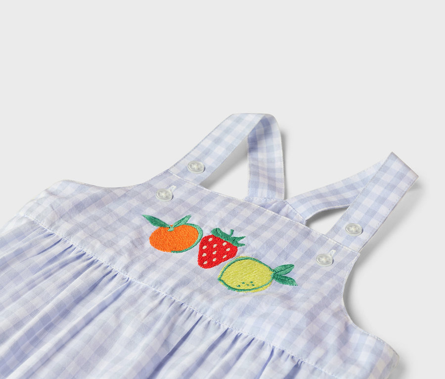 Detailní záběr na modro-bílé kostkované šaty s oranžovou, červenou a žlutou výšivkou ovoce.