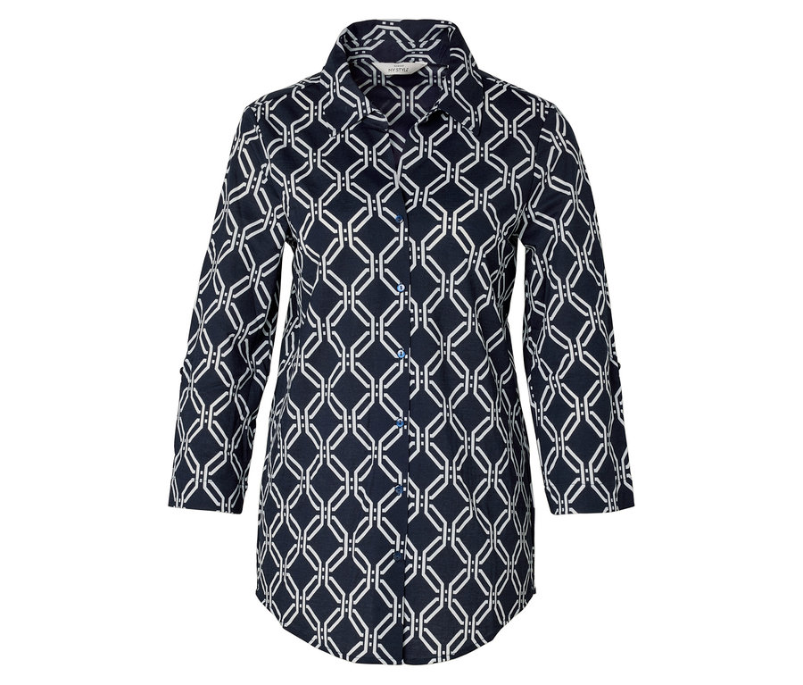 Halenka z žerzejového piké s celoplošným potiskem v tmavě modré a bílé barvě.