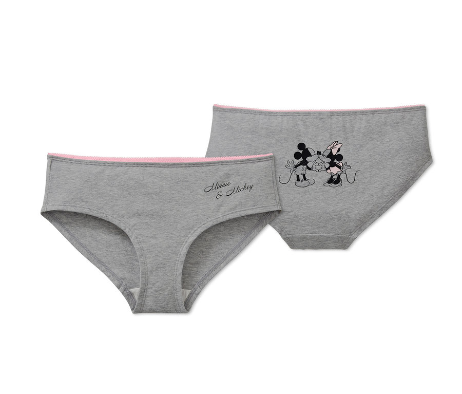 Dvoje šedé kalhotky Disney, jedny s nápisem Minnie & Mickey a druhé s obrázkem Mickeyho a Minnie.
