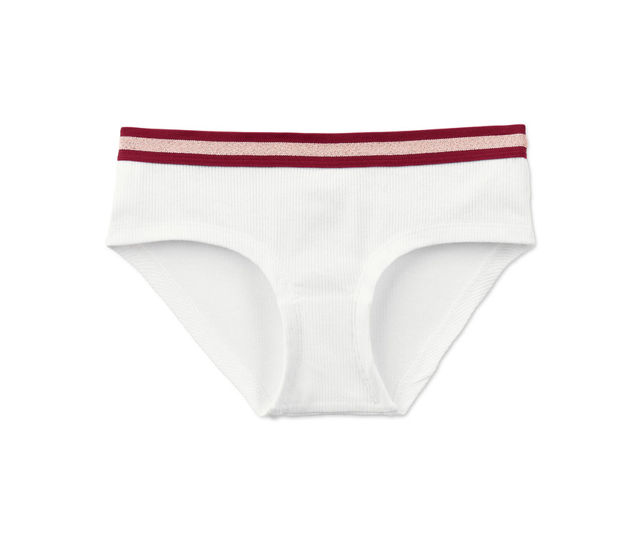Bílé kalhotky hipster s bordó-zlatým pasem.