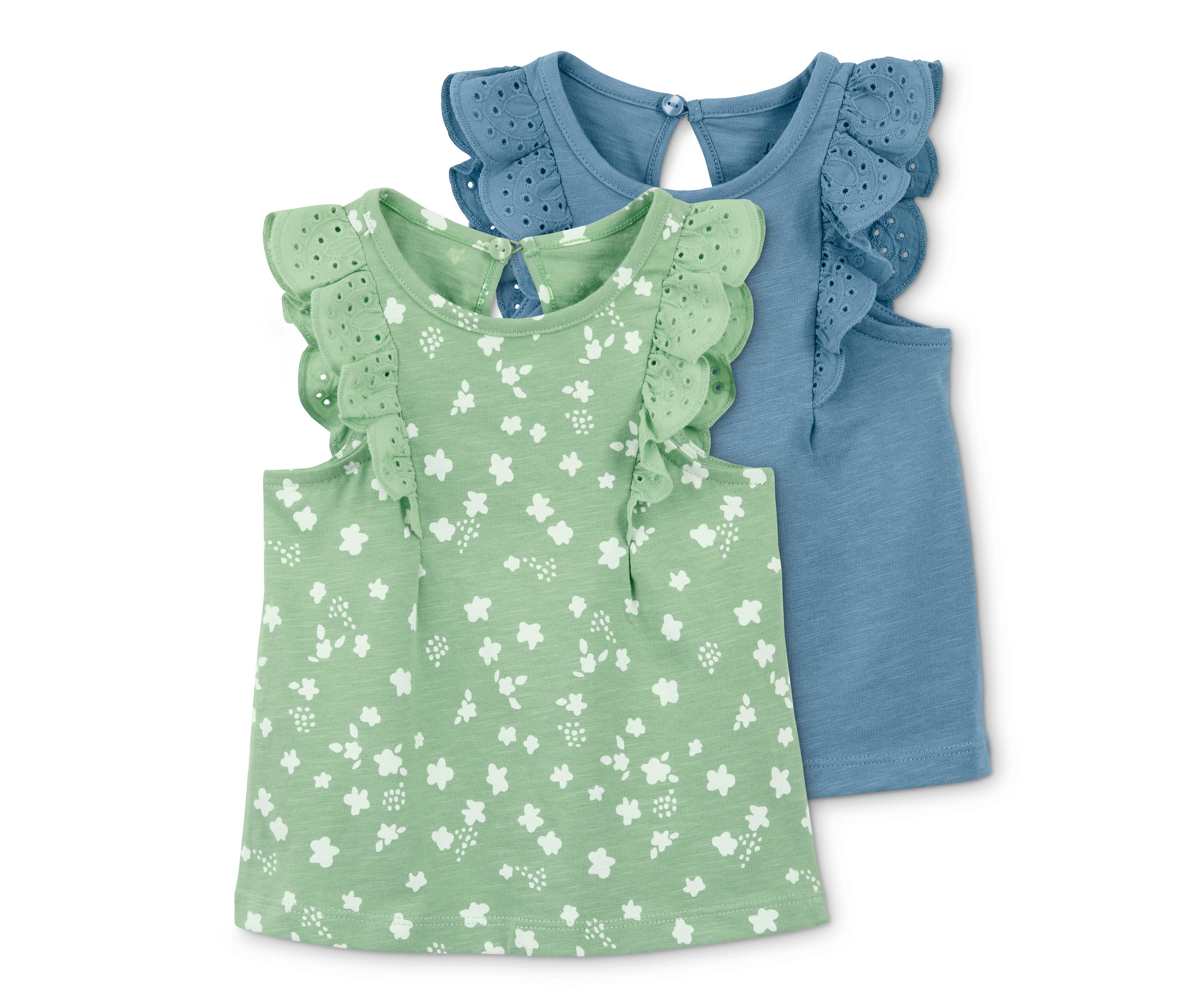 Dvě dětská trička jsou na sobě. Jedno zelené s bílými květy a druhé modré.