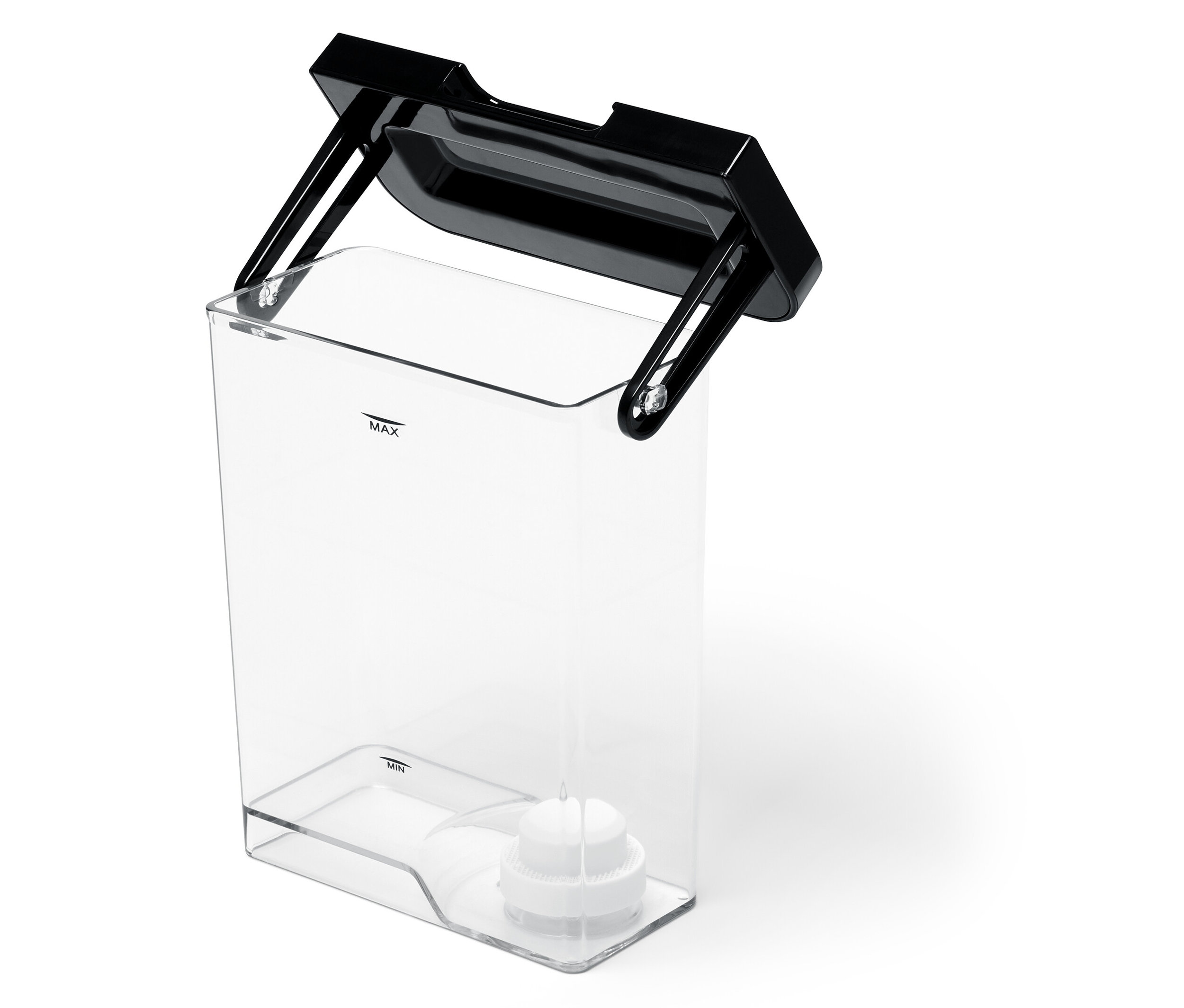 Prázdná průhledná nádoba na vodu pro plně automatické kávovary Tchibo s černým víkem.