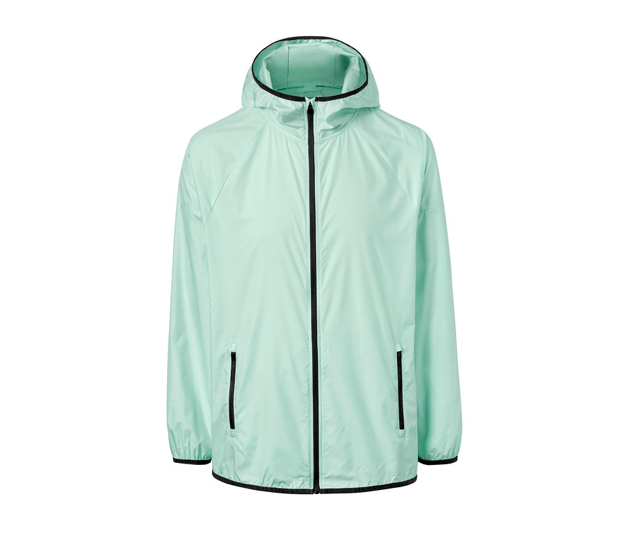 Zelená běžecká bunda se zipem a kapucí.